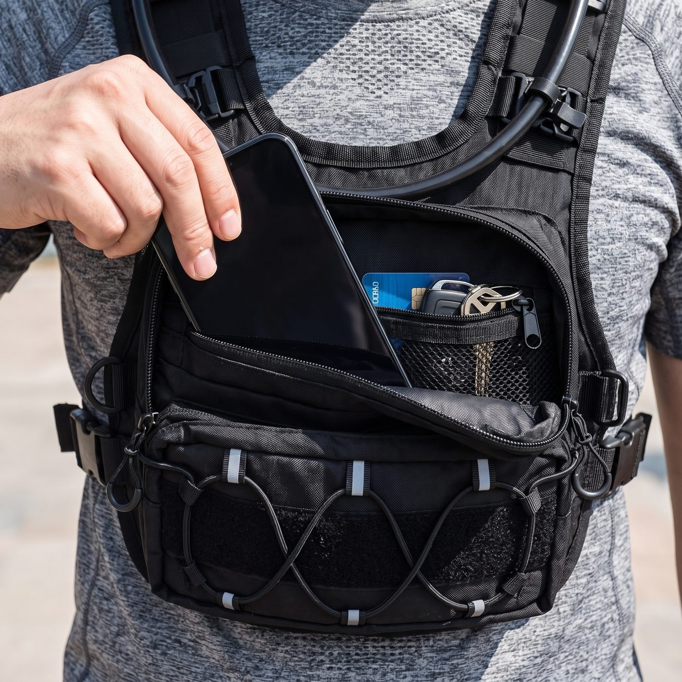 Sliding a phone into the front pocket